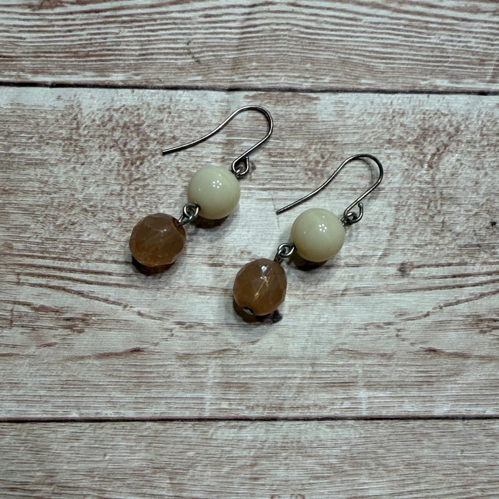 Elegant Cream Stone and Brown Bead Dangle Earrings